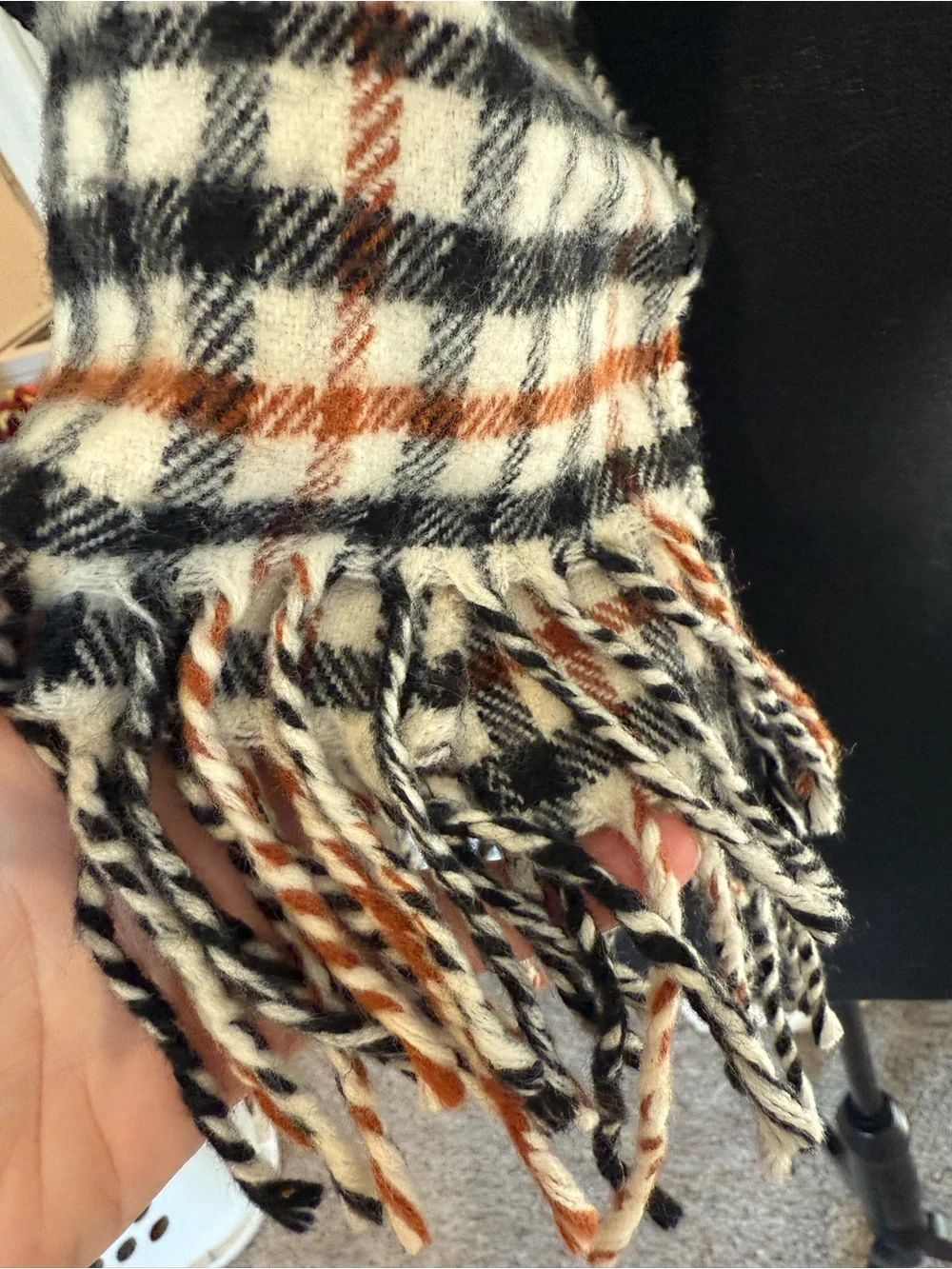 Cream Plaid Fringe Scarf with Black and Rust Check Wool Cashmere